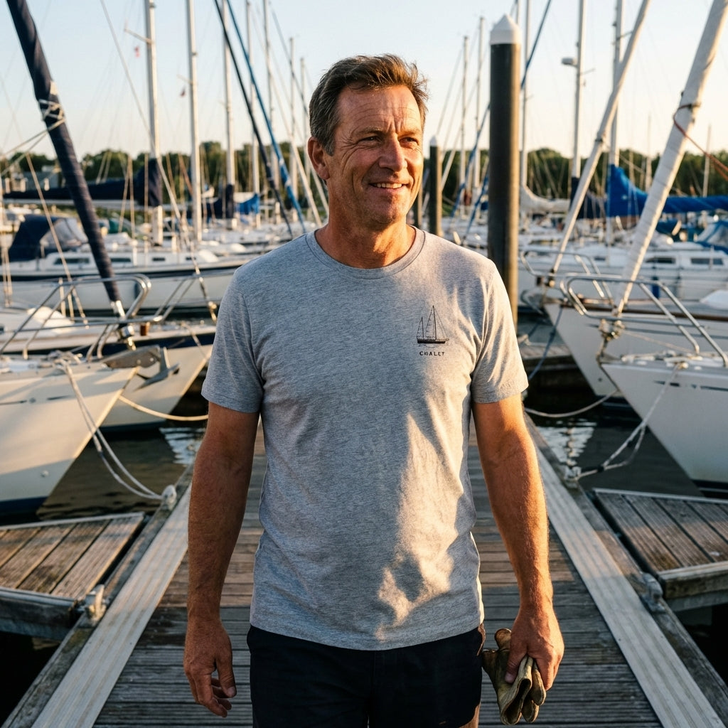 Sailor wearing a custom sailboat t-shirt while walking on a marina dock