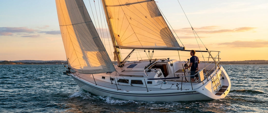 Catalina 30 sailing at golden hour