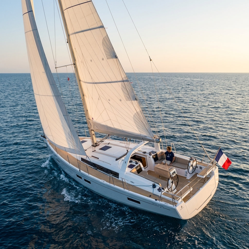 Beneteau Oceanis sailboat under sail at sunset
