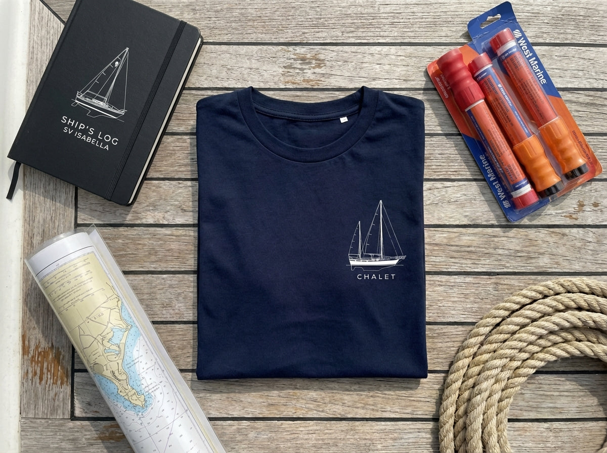 Thoughtful gifts for sailors and boat owners arranged on nautical background