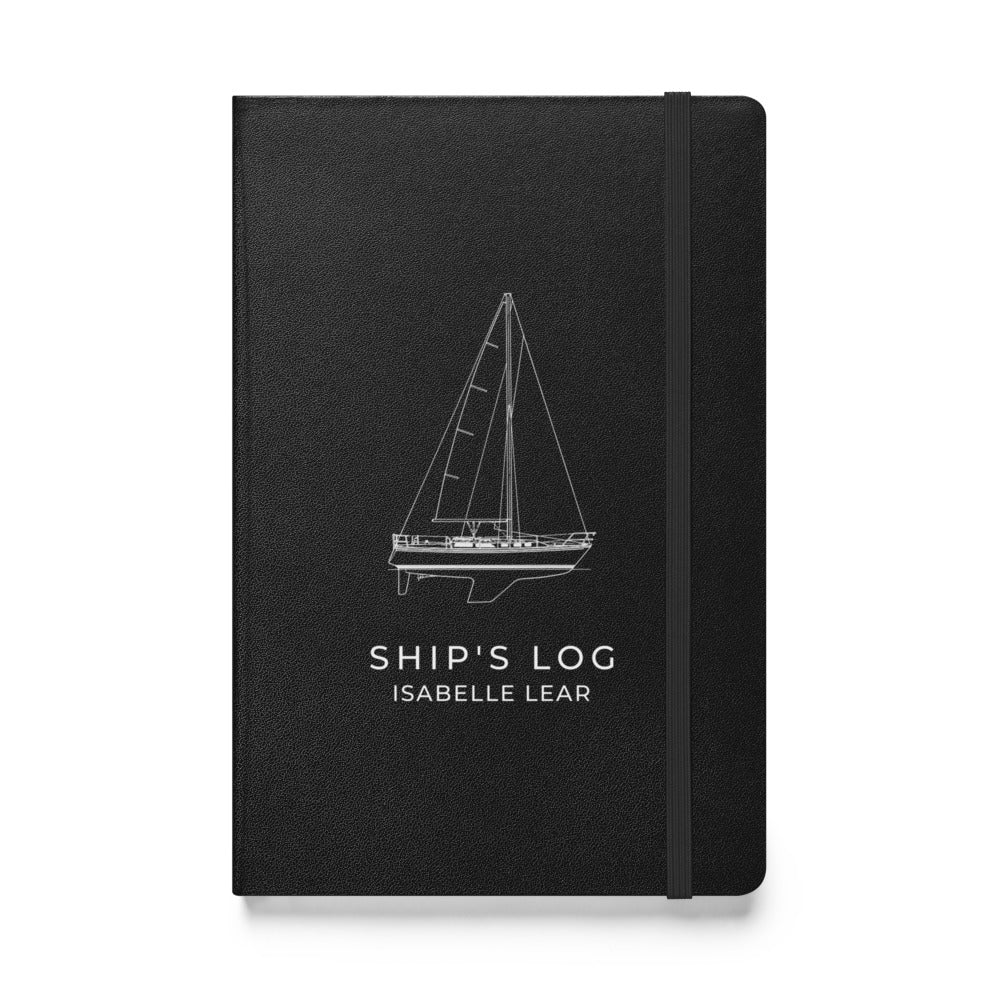 Catalina 34 ship's log with a line drawing of the boat on the Black cover