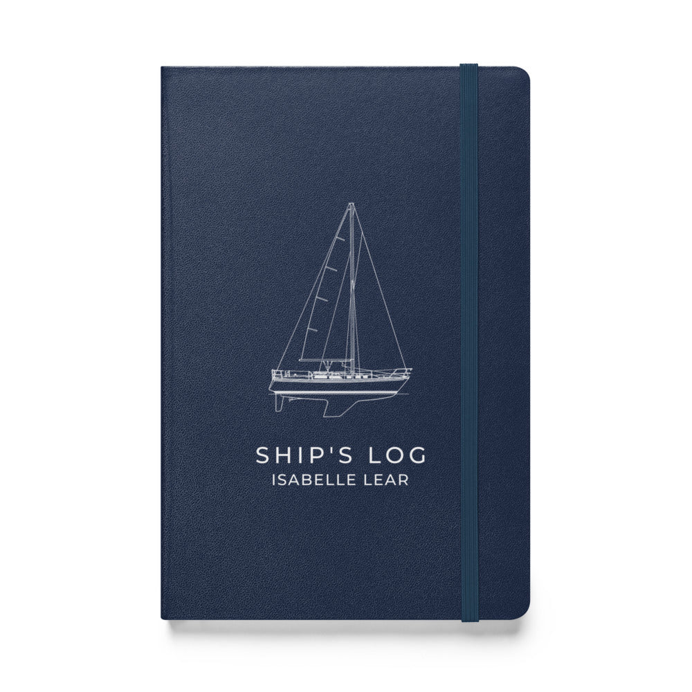 Catalina 34 ship's log with a line drawing of the boat on the Navy cover