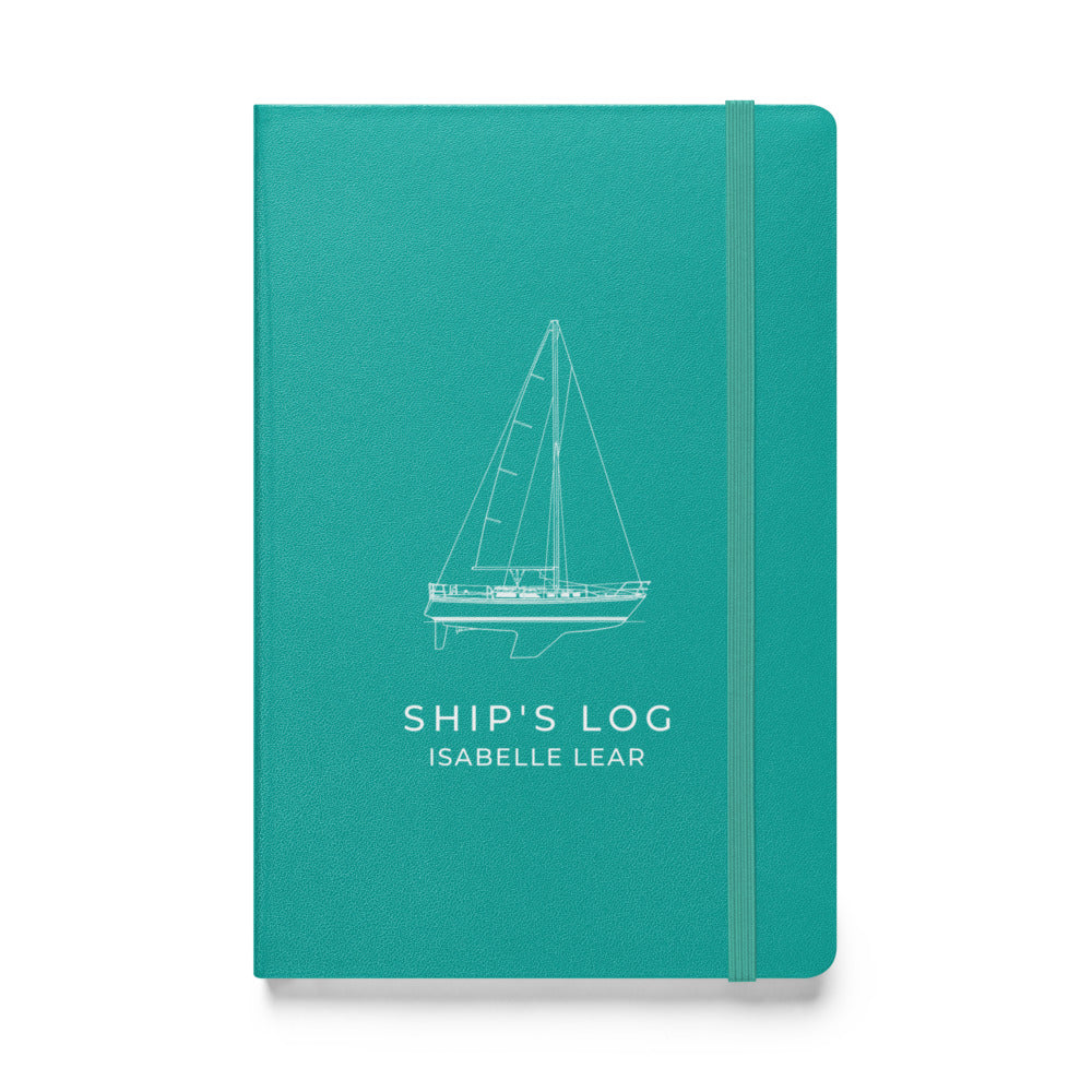 Catalina 34 ship's log with a line drawing of the boat on the Turquoise cover