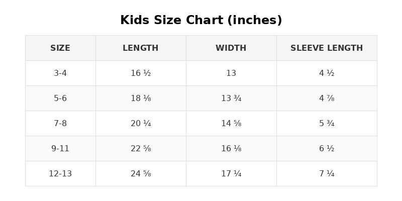 Kids size chart - measurements in inches for sizes XS through XL (ages 3-13)