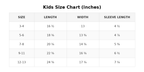 Kids size chart - measurements in inches for sizes XS through XL (ages 3-13)