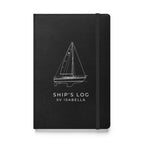 Custom Ship's Log hardcover notebook with a line drawing of a sailboat on the cover - Black cover