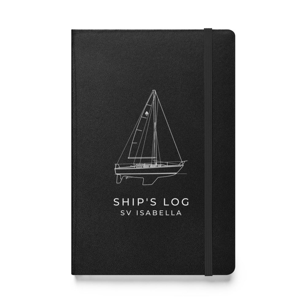 Custom Ship's Log hardcover notebook with a line drawing of a sailboat on the cover - Black cover