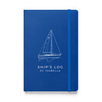 Custom Ship's Log hardcover notebook with a line drawing of a sailboat on the cover - Blue cover