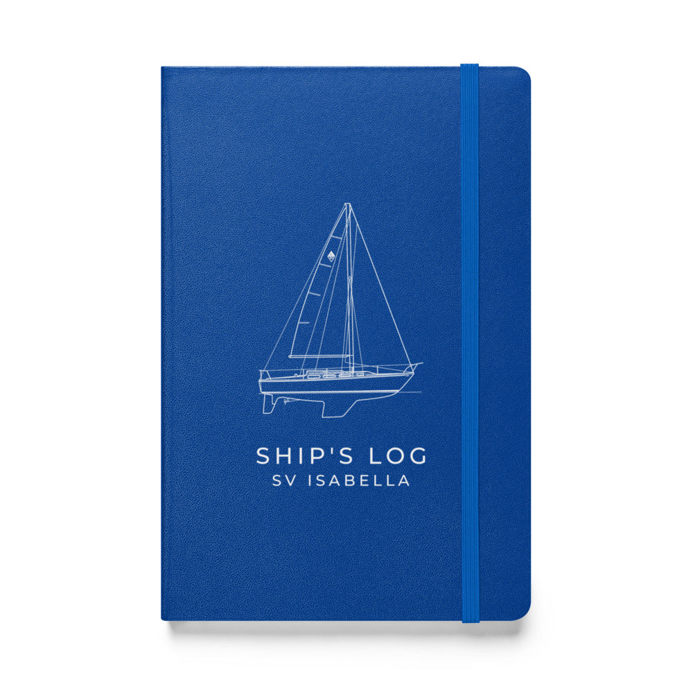 Custom Ship's Log hardcover notebook with a line drawing of a sailboat on the cover - Blue cover
