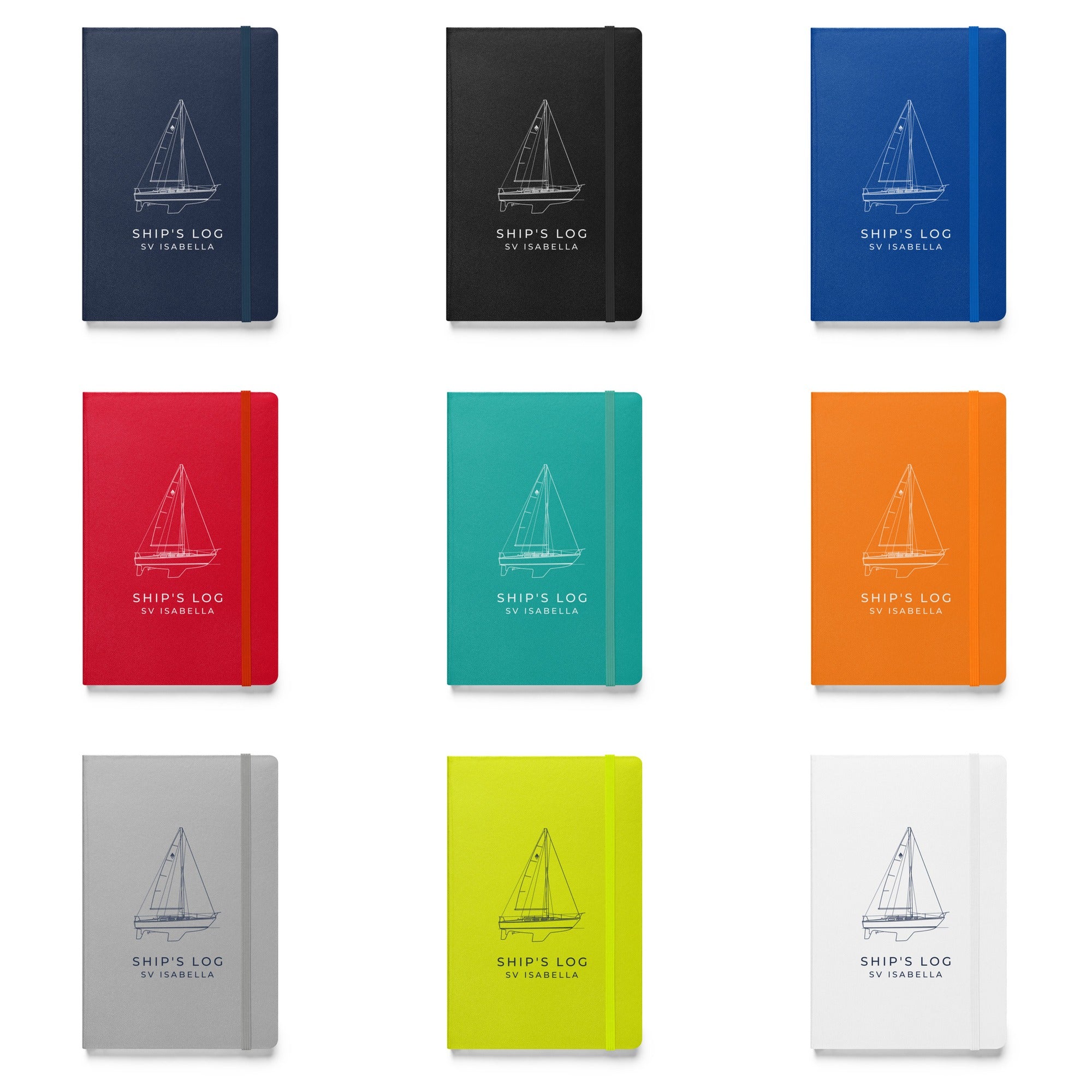 Custom Ship's Log hardcover notebook with a line drawing of a sailboat on the cover - all nine cover colours
