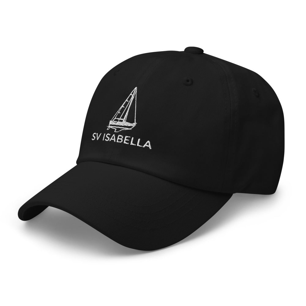 Custom sailboat dad hat in Black with an embroidered line drawing of a Catalina 27 and the boat name SV ISABELLA