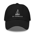 Custom sailboat dad hat in Black with an embroidered line drawing of a Catalina 27 and the boat name SV ISABELLA