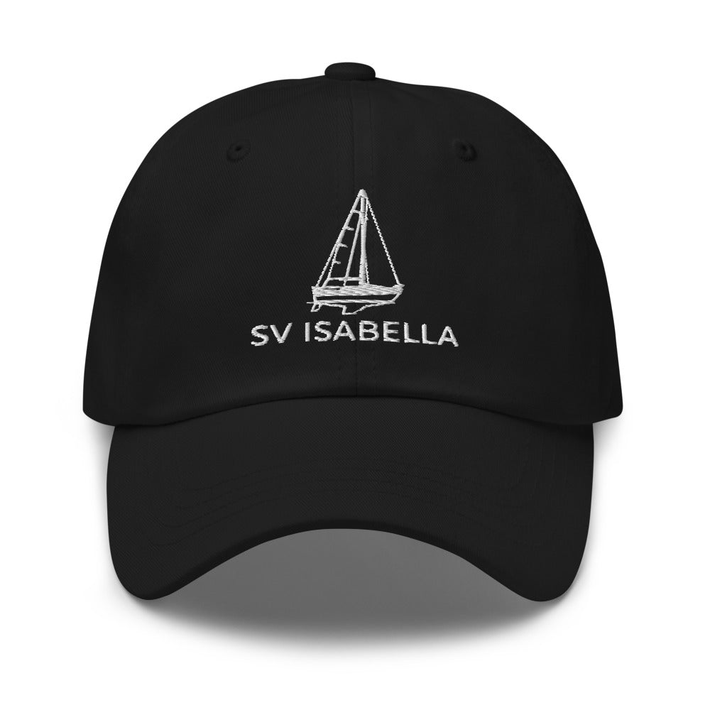 Custom sailboat dad hat in Black with an embroidered line drawing of a Catalina 27 and the boat name SV ISABELLA