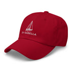 Custom sailboat dad hat in Cranberry with an embroidered line drawing of a Catalina 27 and the boat name SV ISABELLA