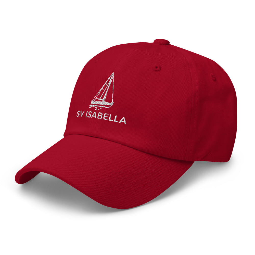 Custom sailboat dad hat in Cranberry with an embroidered line drawing of a Catalina 27 and the boat name SV ISABELLA