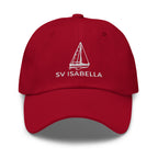Custom sailboat dad hat in Cranberry with an embroidered line drawing of a Catalina 27 and the boat name SV ISABELLA