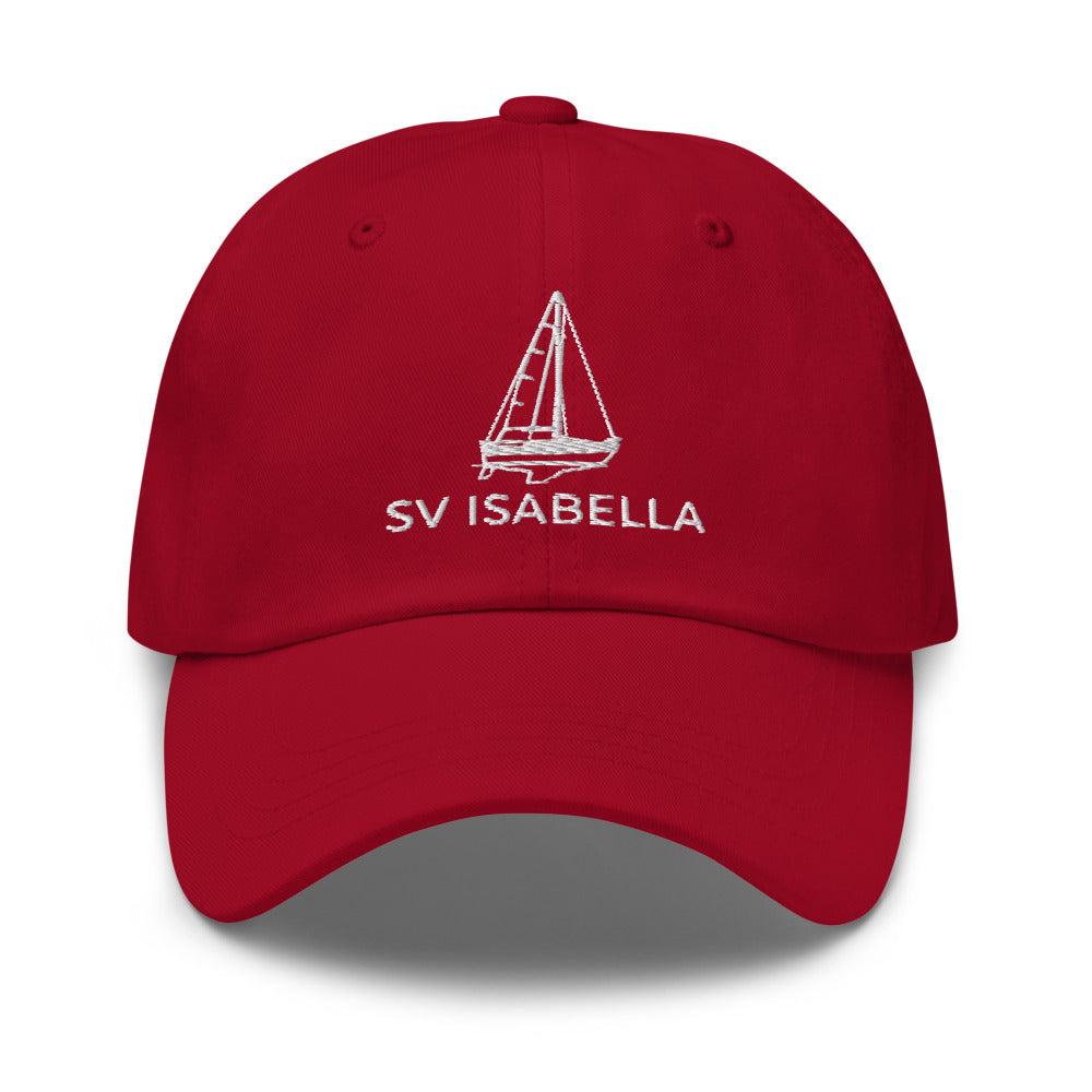 Custom sailboat dad hat in Cranberry with an embroidered line drawing of a Catalina 27 and the boat name SV ISABELLA