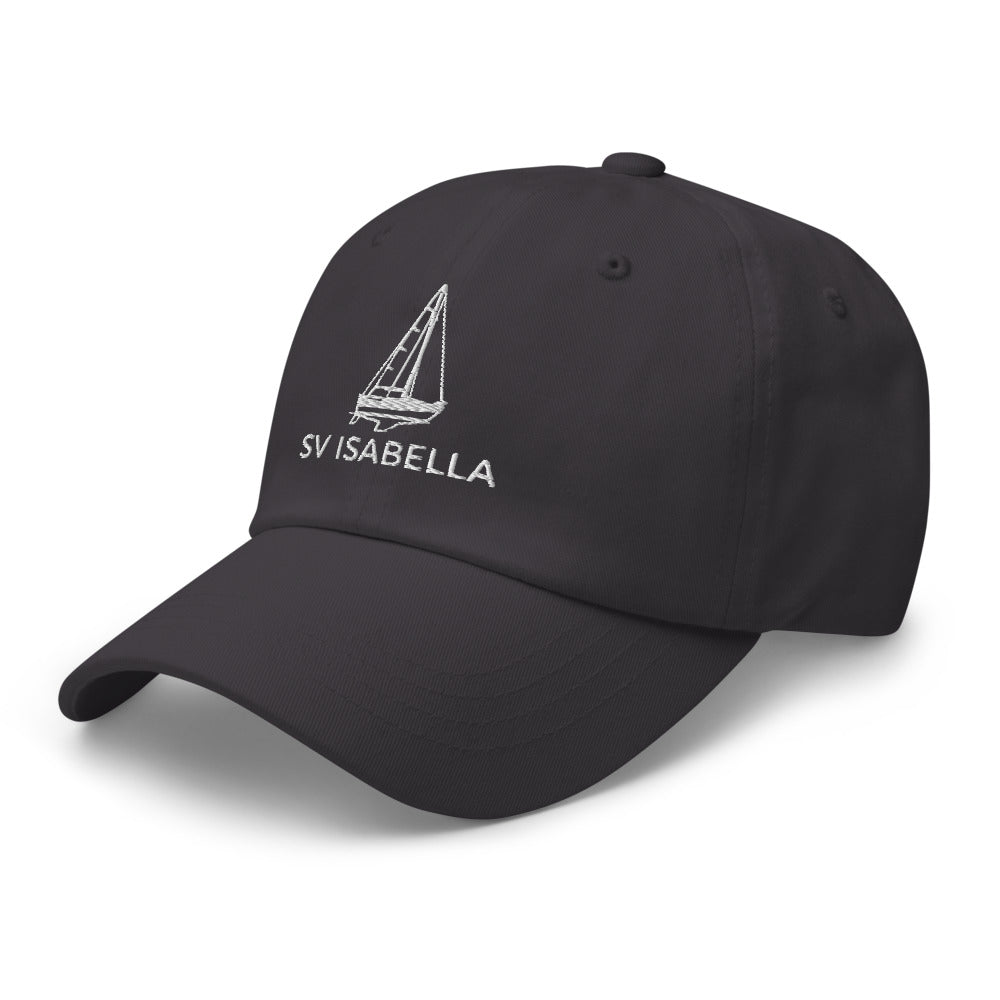 Custom sailboat dad hat in Dark Grey with an embroidered line drawing of a Catalina 27 and the boat name SV ISABELLA