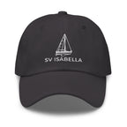 Custom sailboat dad hat in Dark Grey with an embroidered line drawing of a Catalina 27 and the boat name SV ISABELLA