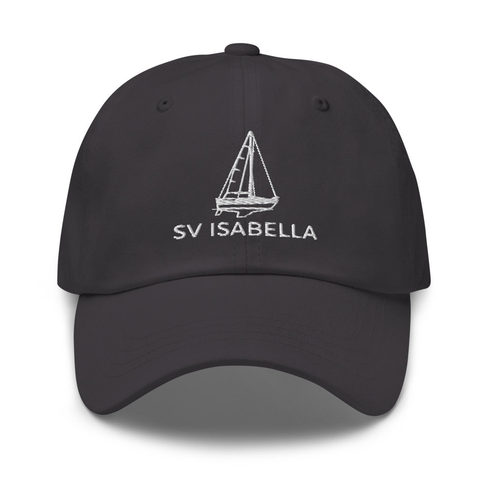 Custom sailboat dad hat in Dark Grey with an embroidered line drawing of a Catalina 27 and the boat name SV ISABELLA