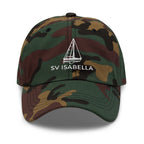 Custom sailboat dad hat in Green Camo with an embroidered line drawing of a Catalina 27 and the boat name SV ISABELLA