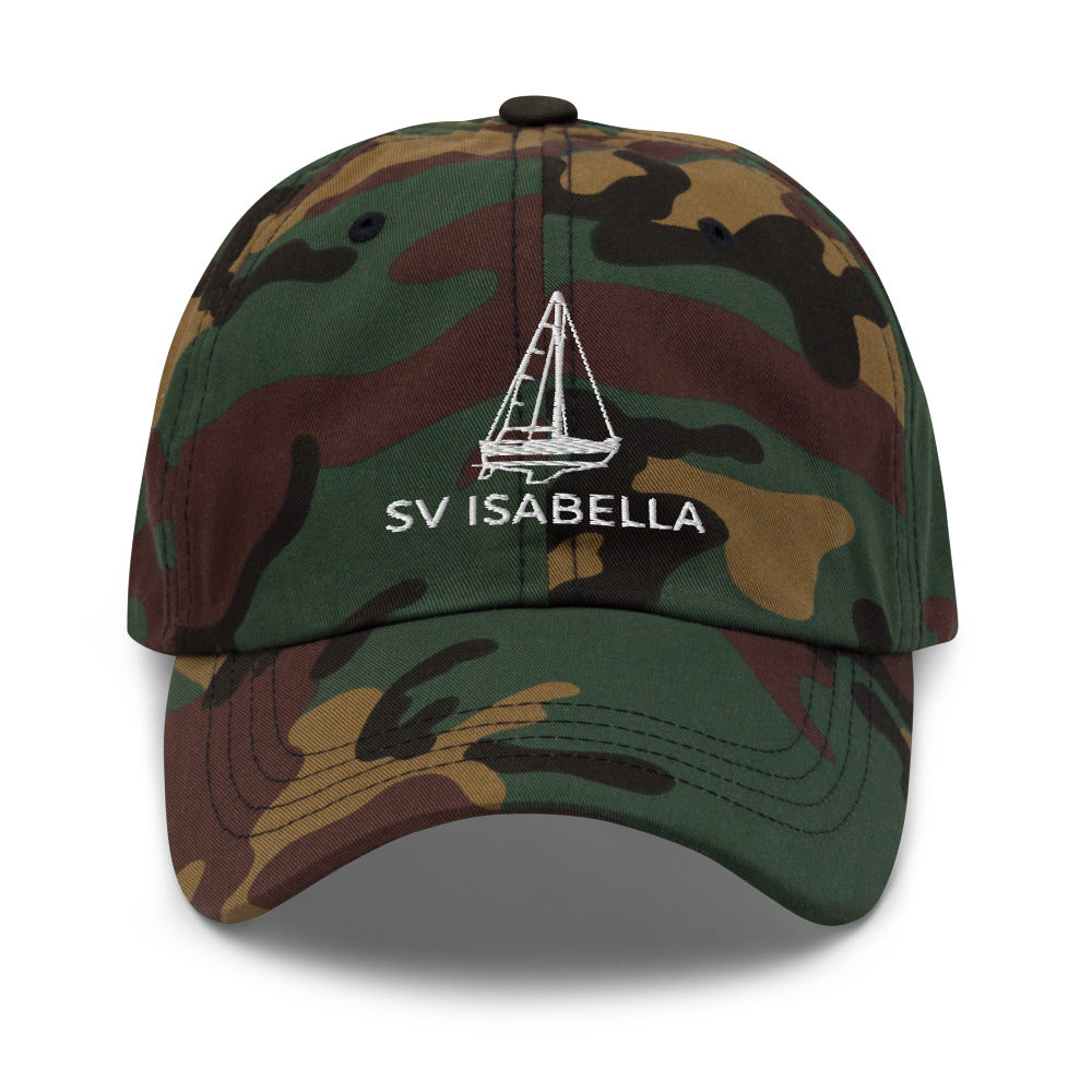 Custom sailboat dad hat in Green Camo with an embroidered line drawing of a Catalina 27 and the boat name SV ISABELLA