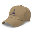Custom sailboat dad hat in Khaki with an embroidered line drawing of a Catalina 27 and the boat name SV ISABELLA