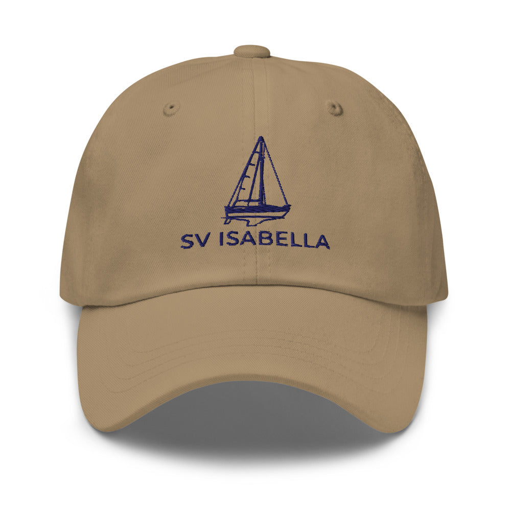 Custom sailboat dad hat in Khaki with an embroidered line drawing of a Catalina 27 and the boat name SV ISABELLA