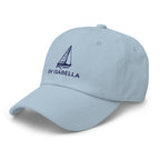 Custom sailboat dad hat in Light Blue with an embroidered line drawing of a Catalina 27 and the boat name SV ISABELLA