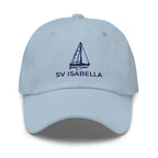 Custom sailboat dad hat in Light Blue with an embroidered line drawing of a Catalina 27 and the boat name SV ISABELLA