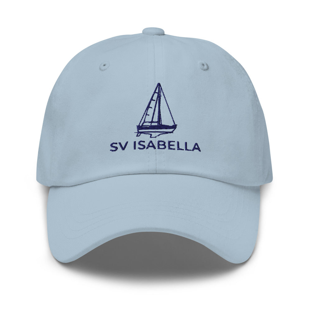 Custom sailboat dad hat in Light Blue with an embroidered line drawing of a Catalina 27 and the boat name SV ISABELLA