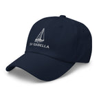 Custom sailboat dad hat in Navy with an embroidered line drawing of a Catalina 27 and the boat name SV ISABELLA