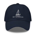 Custom sailboat dad hat in Navy with an embroidered line drawing of a Catalina 27 and the boat name SV ISABELLA