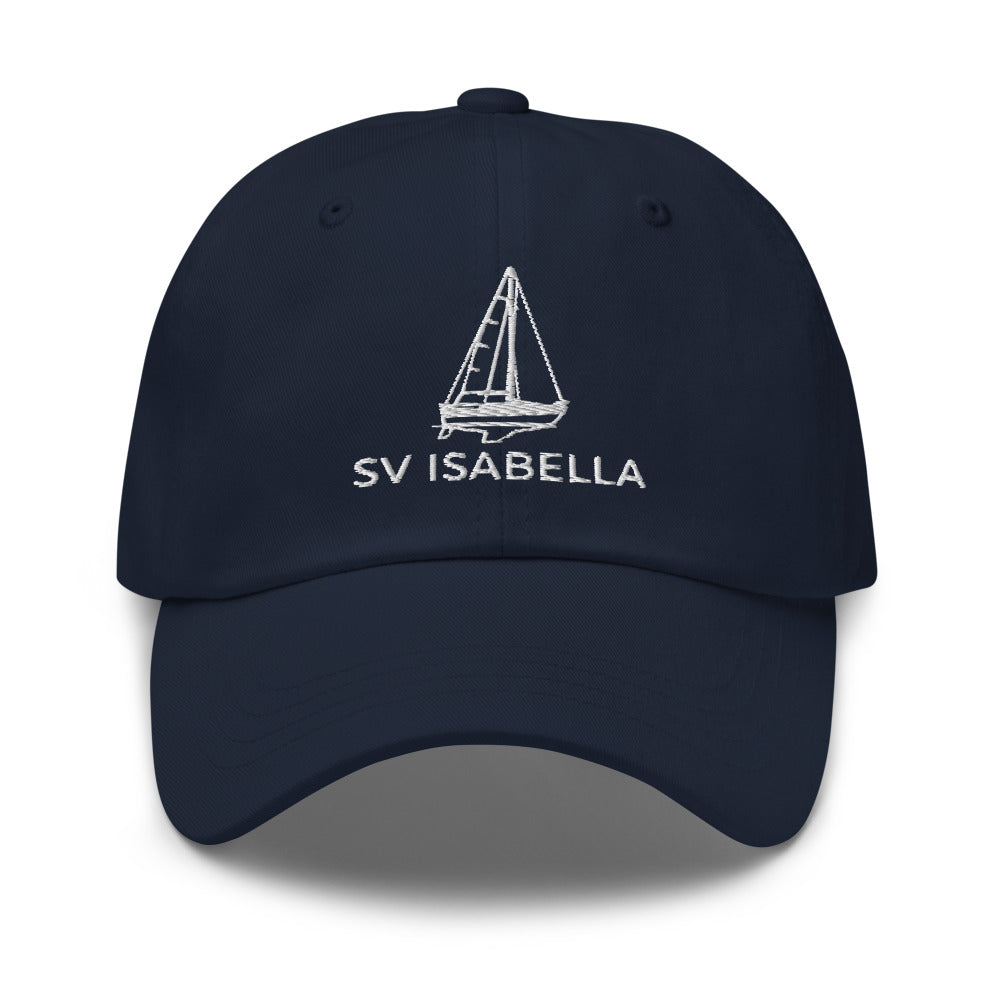 Custom sailboat dad hat in Navy with an embroidered line drawing of a Catalina 27 and the boat name SV ISABELLA