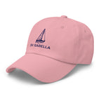 Custom sailboat dad hat in Pink with an embroidered line drawing of a Catalina 27 and the boat name SV ISABELLA