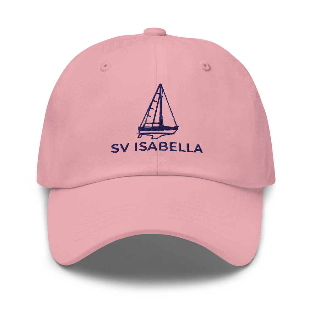 Custom sailboat dad hat in Pink with an embroidered line drawing of a Catalina 27 and the boat name SV ISABELLA