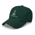 Custom sailboat dad hat in Spruce with an embroidered line drawing of a Catalina 27 and the boat name SV ISABELLA
