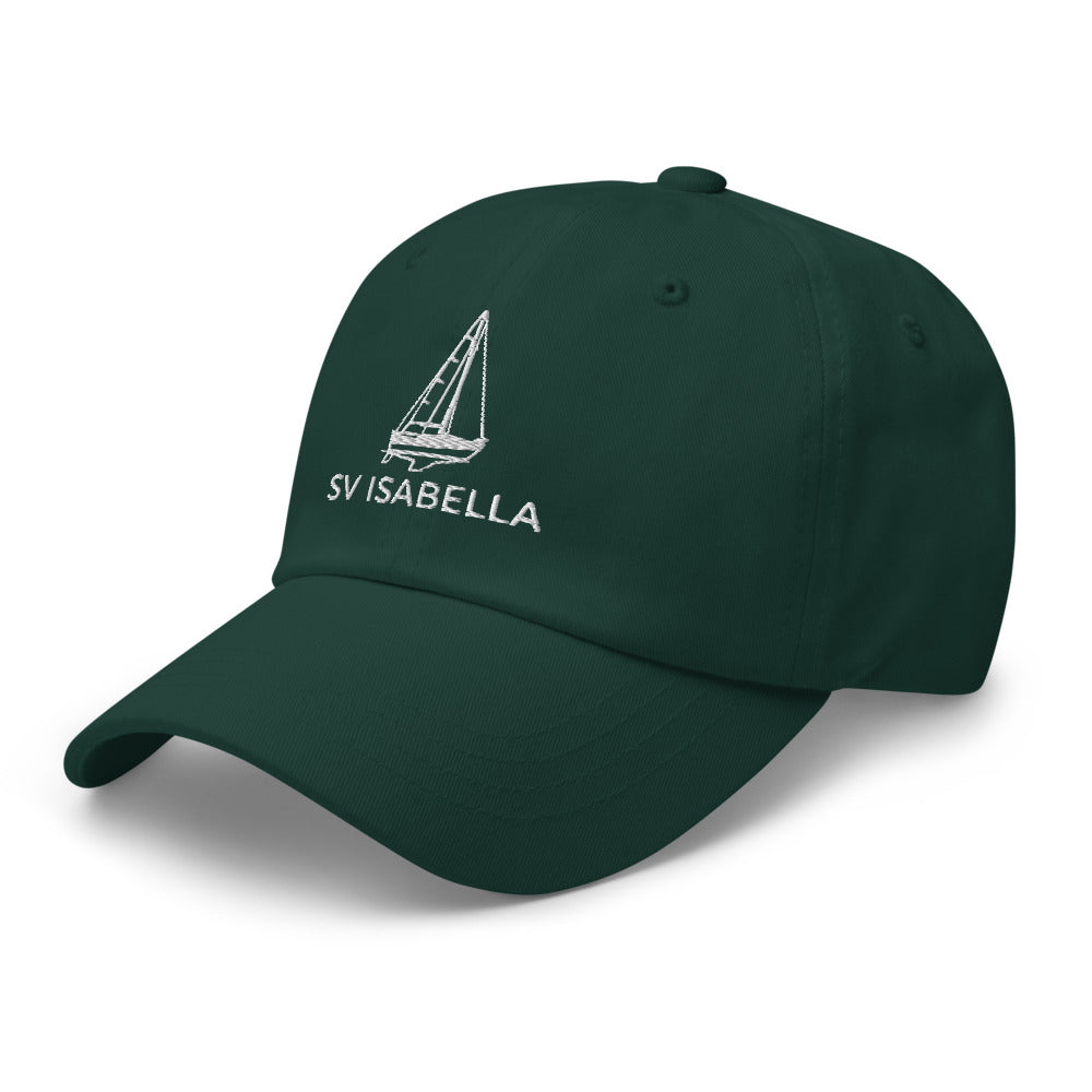 Custom sailboat dad hat in Spruce with an embroidered line drawing of a Catalina 27 and the boat name SV ISABELLA