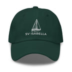Custom sailboat dad hat in Spruce with an embroidered line drawing of a Catalina 27 and the boat name SV ISABELLA