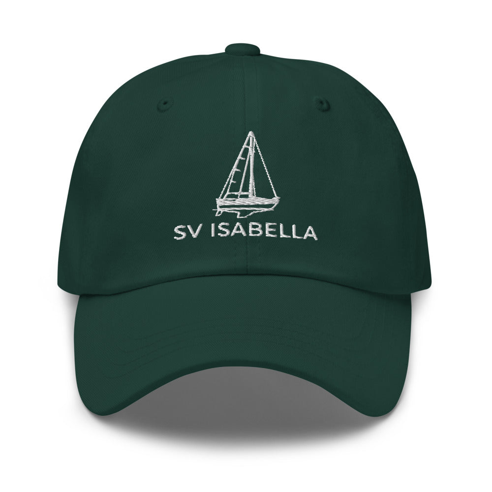 Custom sailboat dad hat in Spruce with an embroidered line drawing of a Catalina 27 and the boat name SV ISABELLA