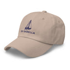 Custom sailboat dad hat in Stone with an embroidered line drawing of a Catalina 27 and the boat name SV ISABELLA