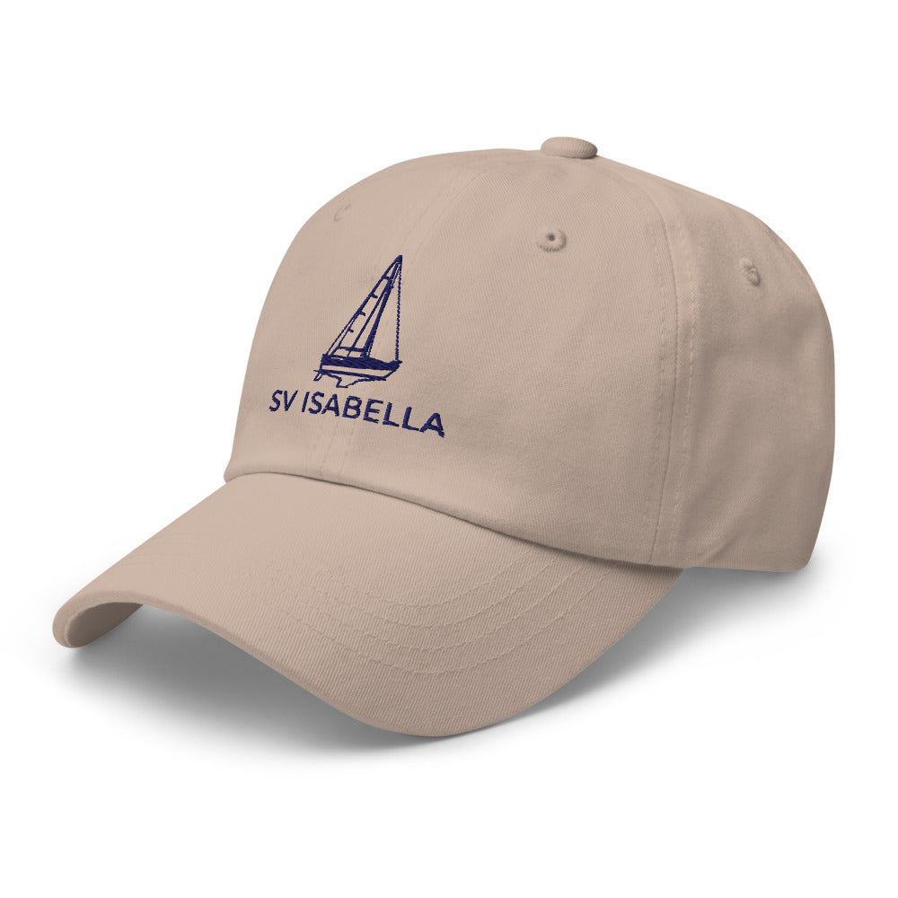 Custom sailboat dad hat in Stone with an embroidered line drawing of a Catalina 27 and the boat name SV ISABELLA