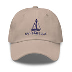 Custom sailboat dad hat in Stone with an embroidered line drawing of a Catalina 27 and the boat name SV ISABELLA
