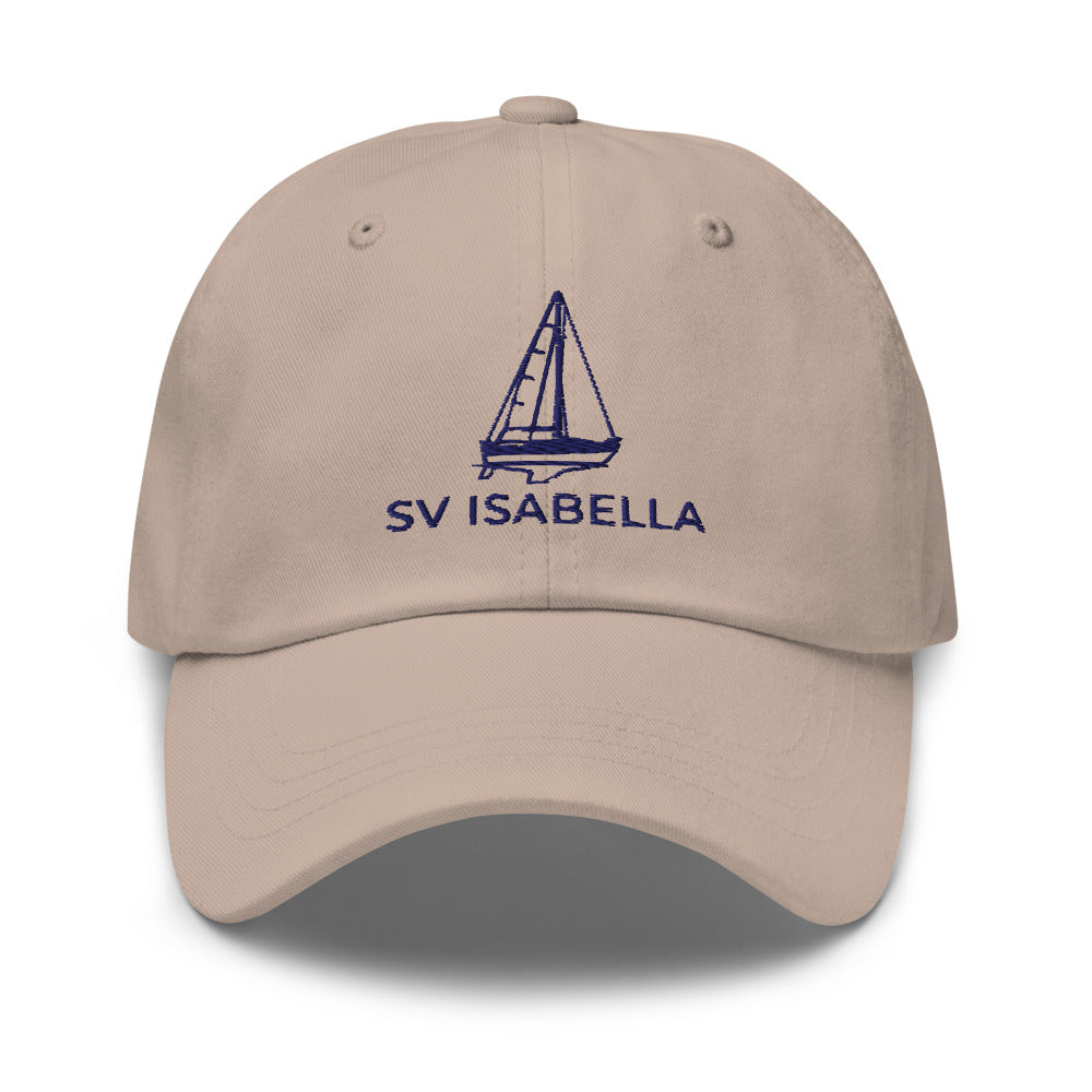 Custom sailboat dad hat in Stone with an embroidered line drawing of a Catalina 27 and the boat name SV ISABELLA