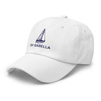 Custom sailboat dad hat in White with an embroidered line drawing of a Catalina 27 and the boat name SV ISABELLA