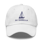 Custom sailboat dad hat in White with an embroidered line drawing of a Catalina 27 and the boat name SV ISABELLA
