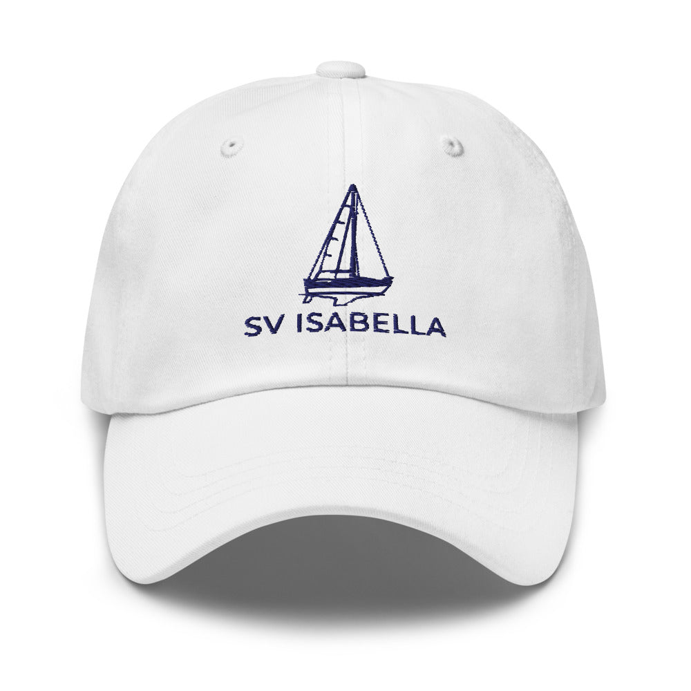 Custom sailboat dad hat in White with an embroidered line drawing of a Catalina 27 and the boat name SV ISABELLA