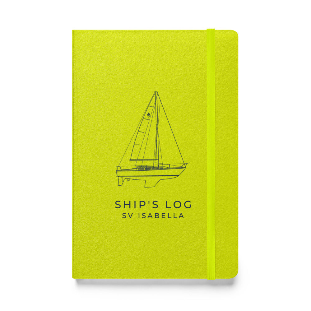 Custom Ship's Log hardcover notebook with a line drawing of a sailboat on the cover - Lime cover