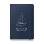 Custom Ship's Log hardcover notebook with a line drawing of a sailboat on the cover - Navy cover