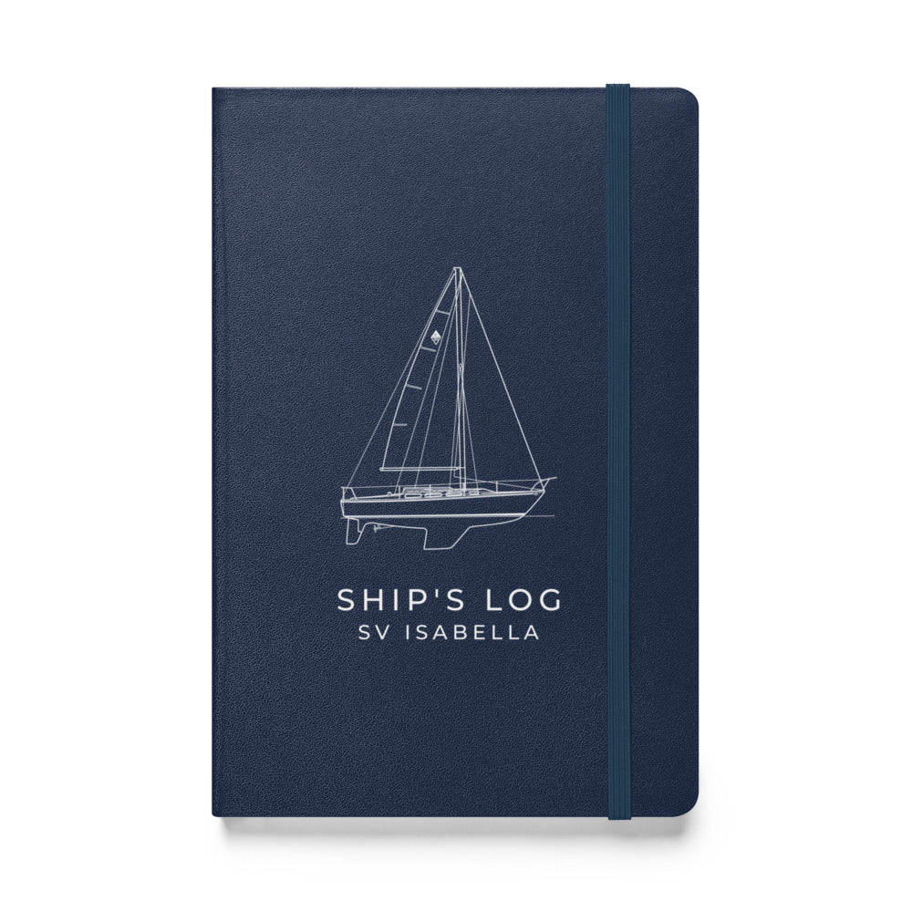 Custom Ship's Log hardcover notebook with a line drawing of a sailboat on the cover - Navy cover